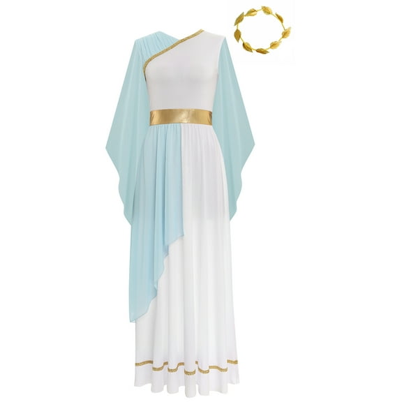iiniim Women Chiffon Ancient Toga Costume Grecian Toga Dress Roman Dress with Gold Leaves Garland Headwear Light Blue L