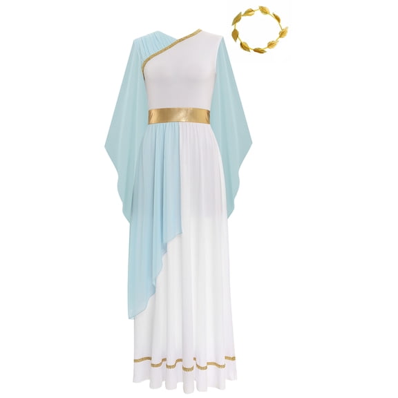 iiniim Women Chiffon Ancient Toga Grecian Roman Dress with Gold Leaves Garland Headwear Light Blue S