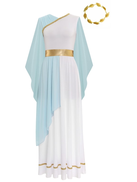 Women Chiffon Ancient Toga Grecian Roman Dress with Gold Leaves Garland Headwear Light Blue S