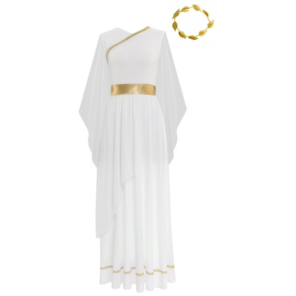 iiniim Women Chiffon Ancient Toga Costume Grecian Toga Dress Roman Dress with Gold Leaves Garland Headwear White S
