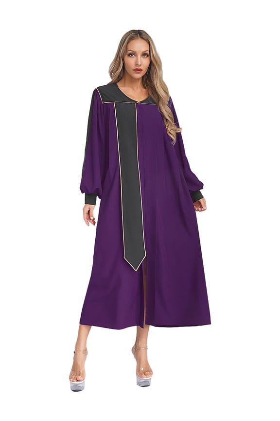Women Church Robe V-neck Zipper Front Color Block Choir Dress Clergy Robes Graduation Gown Dark Purple XS