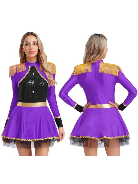 Women Circus Acrobat Costume Carnival Dance Sparkly Sequins Dress Purple S
