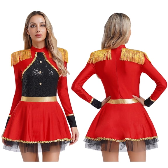 iiniim Women Circus Acrobat Costume Carnival Dance Sparkly Sequins Dress Red XXL