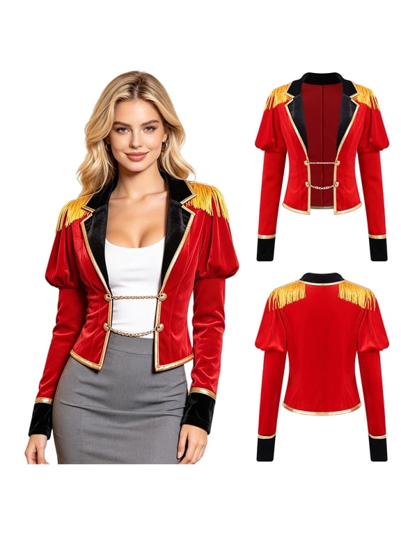 Women Circus Ringmaster Jacket Puff Long Sleeve Lapel Collar Tassel Shoulder Coat for Halloween Cosplay Theme Party Red S