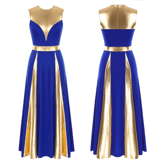iiniim Women Color Block Sleeveless Dance Dress Sleeveless Maxi Robe Dancewear Blue XL
