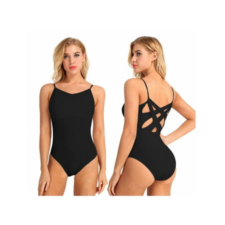 iiniim Women Criss Cross Back Strappy Camisole Dance Leotards V-Neck Ballet Gymnastics Bodysuit A Black XL