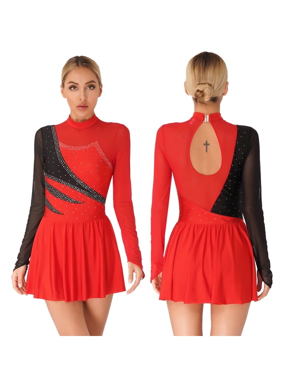 Women Figure Ice Skating Dress Shiny Rhinestone Leotard Lyrical Contemporary Dance Costume Size S-2XL Red S