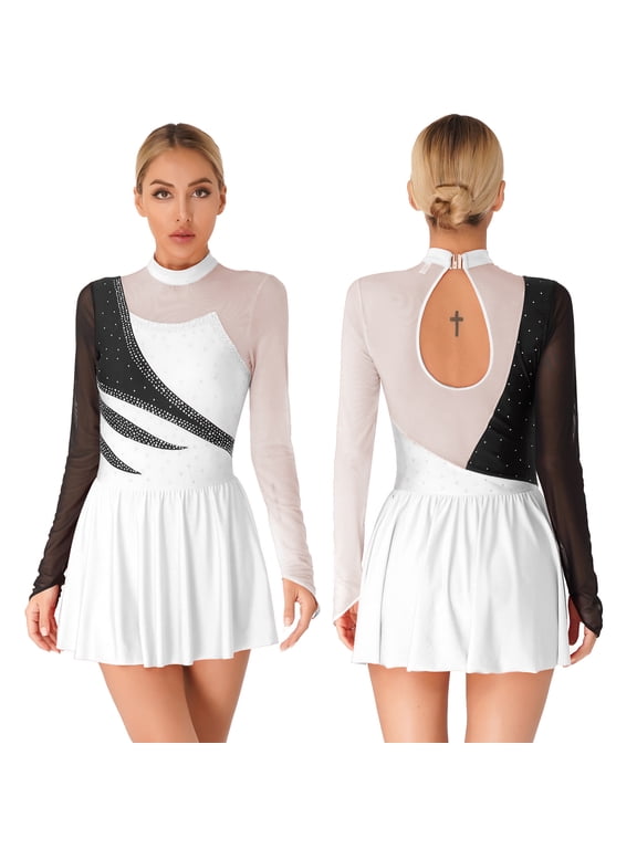 Women Figure Ice Skating Dress Shiny Rhinestone Leotard Lyrical Contemporary Dance Costume Size S-2XL White M