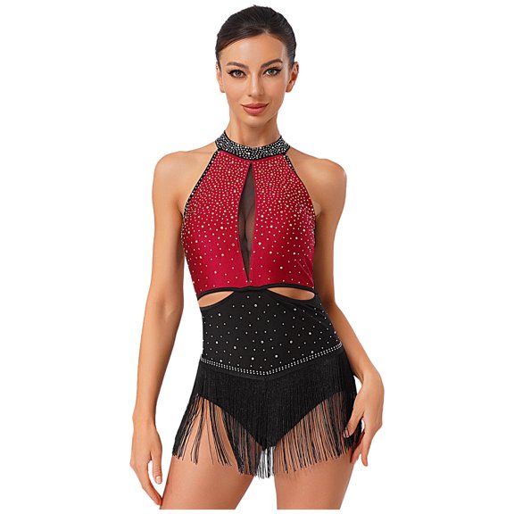 iiniim Women Fringe Latin Dance Leotards Halter Neck Backless Gymnastics Boddysuit for Tango Rumba Salsa Red XL