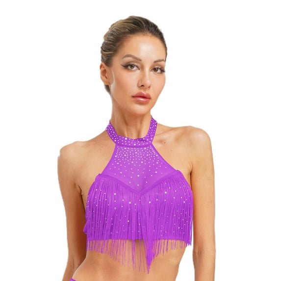 iiniim Women Glitter Tassel Dance Top Sleeveless Halter Neck Crop Tops for Salsa Samba Belly Dancwear Purple S