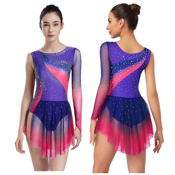 iiniim Women Gradient Color Lyrical Dance Figure Skating Dress Single Sleeve Irregular Skirt Leotard Purple L