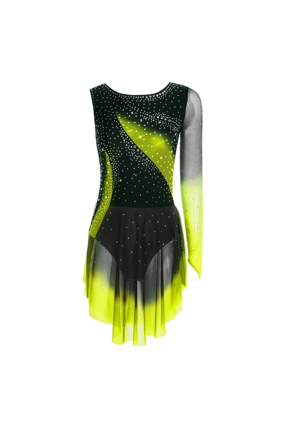 Women Gradient Color Lyrical Dance Figure Skating Dress Single Sleeve Irregular Skirt Leotard Yellow L