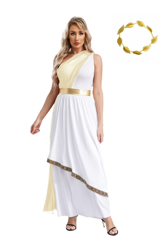 Women Greek God Athena Dress Costume Ancient Greece Toga Dress with Headwear Halloween Outfits Champagne XL