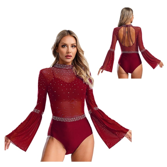 iiniim Women Gymnastics Leotard Bodysuit Sparkly Rhinestone Backless Figure Skating Dancewear Burgundy S