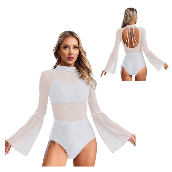 iiniim Women Gymnastics Leotard Bodysuit Sparkly Rhinestone Backless Figure Skating Dancewear White S