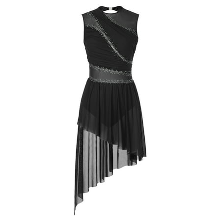 iiniim Women Rhinestone Lyrical Dance Dress Irregular Flowy Tulle Skirt Leotard Figure Ice Skating Dancewear Black S