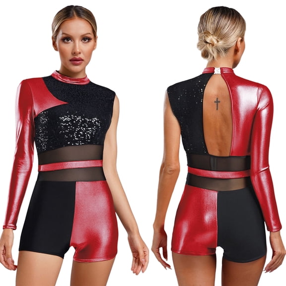 iiniim Women Jazz Glittery Sequin Gymnastics Unitard Ballet Dance Leotards Dancewear Red S
