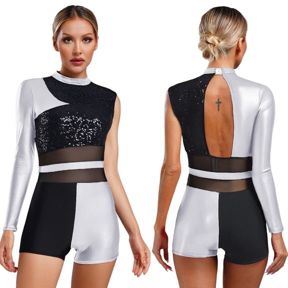 iiniim Women Jazz Glittery Sequin Gymnastics Unitard Ballet Dance Leotards Dancewear Silver M