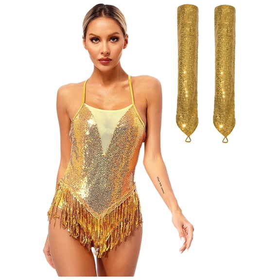 iiniim Women Latin Dance Leotards 2Pcs Outfit Cross Back Bodysuit with Long Gloves for Tango Rumba Dancewear Gold L