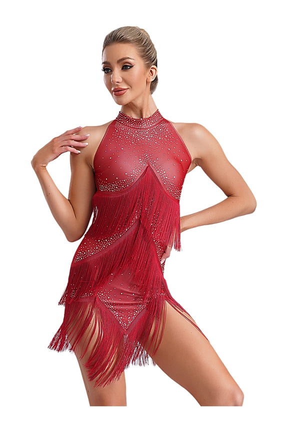 Women Latin Dance Performance Costume Shiny Rhinestones Fringed Latin Dress Tango Jazz Dancewear Burgundy XL
