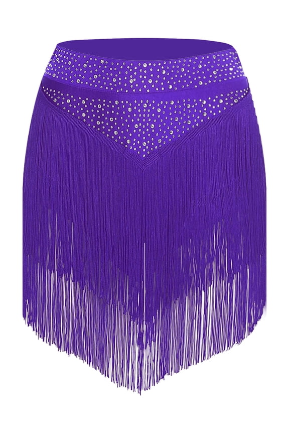 Women Latin Jazz Modern Dance Rhinestone Tassel Skirts Figure Skating Costumes Purple XXL