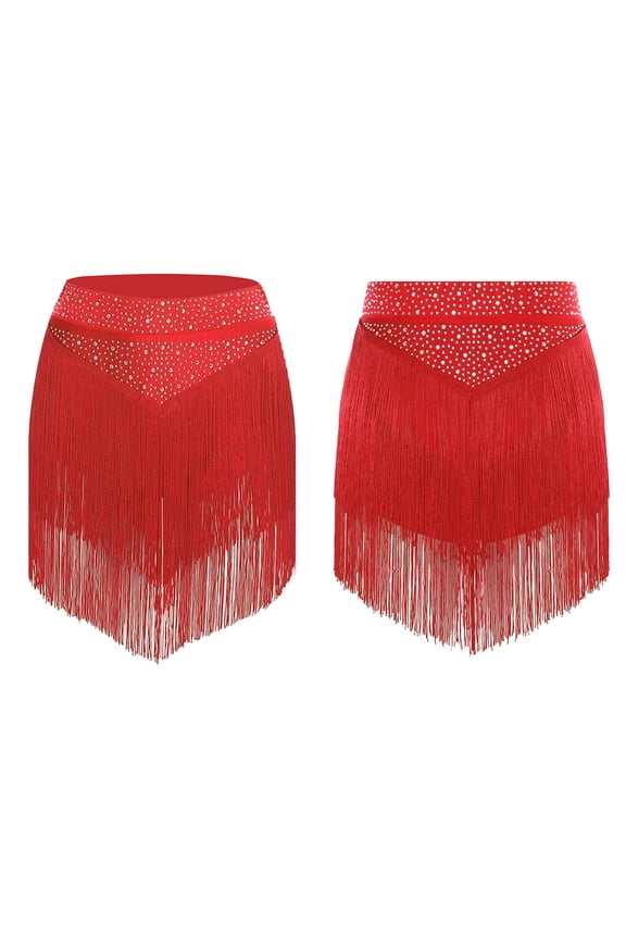 Women Latin Jazz Modern Dance Rhinestone Tassel Skirts Figure Skating Costumes Red S