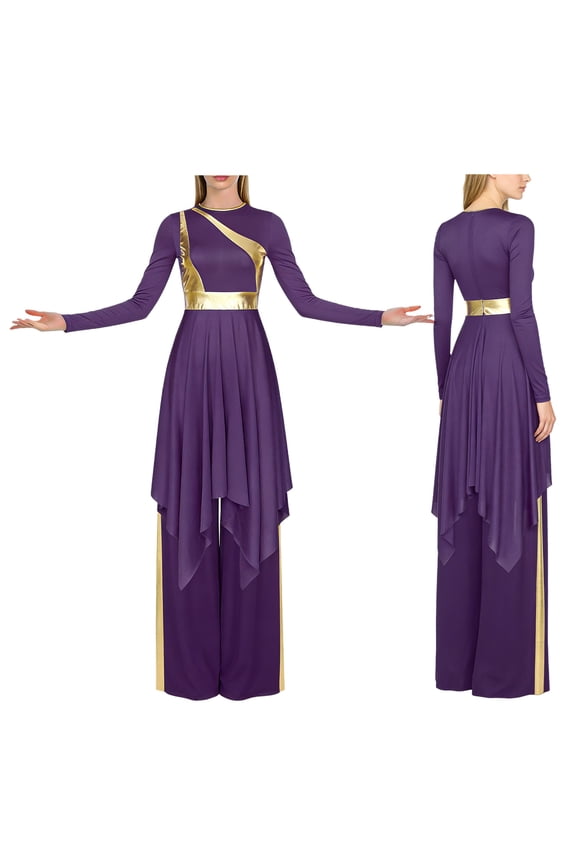 Women Liturgical Dancewear Long Sleeve Praise Dance Tunics with Wide Leg Baggy Pants Purple L