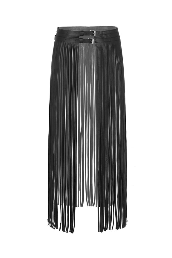 Women Long Fringe Tassel Skirt Belt Punk Cool Faux Leather Double Buckles Waistband for Dance Party Costume