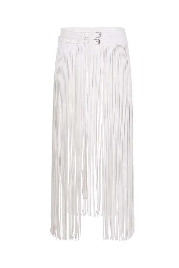 Women Long Fringe Tassel Skirt Belt Punk Cool Faux Leather Double Buckles Waistband for Dance Party Costume
