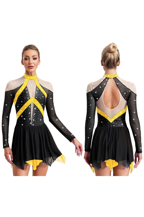 Women Long Sleeve Rhinestone Figure Ice Skating Dance Dress Modern Lyrical Ballet Dancewear Black S