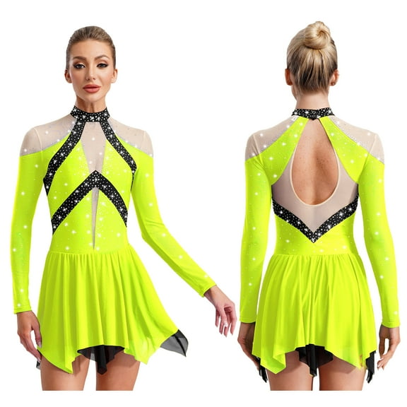 iiniim Women Long Sleeve Rhinestone Figure Ice Skating Dance Dress Modern Lyrical Ballet Dancewear Fluorescent Yellow M