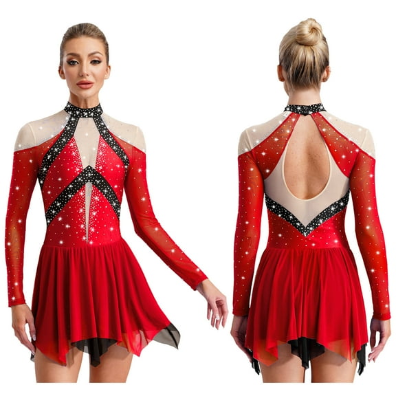 iiniim Women Long Sleeve Rhinestone Figure Ice Skating Dance Dress Modern Lyrical Ballet Dancewear Red M