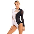 thumbnail image 1 of iiniim Women Long Sleeves Color Block Sequins Gymnastics Leotard Mesh Bodysuit Black&White XL, 1 of 7