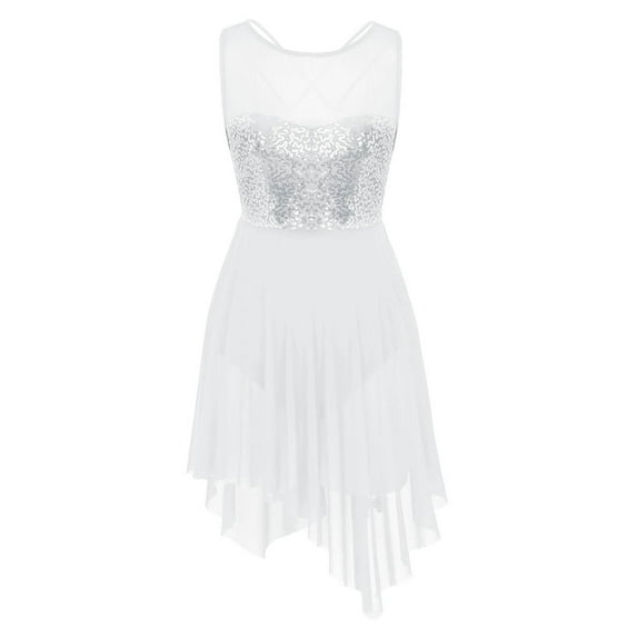 iiniim Women Lyrical Dance Costume Dress Illusion Sweetheart Sequins Leotard Asymmetric Dress