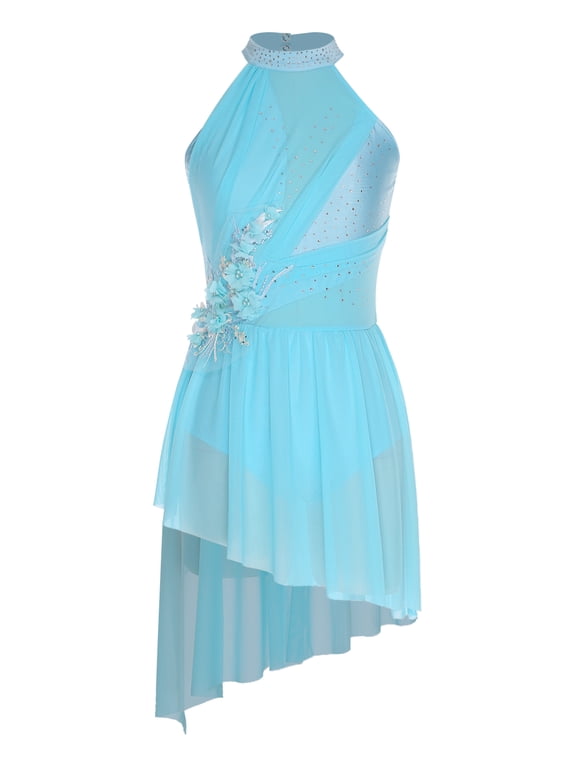 Women Lyrical Dance Costumes Modern Contemporary Ballet Dancewear Straps Back Chiffon Flowy Dress Light Blue XXL