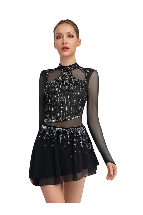 Women Lyrical Dance Dress Figure Ice Skating Costume Mesh Long Sleeve Ballet Leotard Skirts Black S