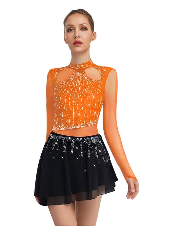 Women Lyrical Dance Dress Figure Ice Skating Costume Mesh Long Sleeve Ballet Leotard Skirts Orange S