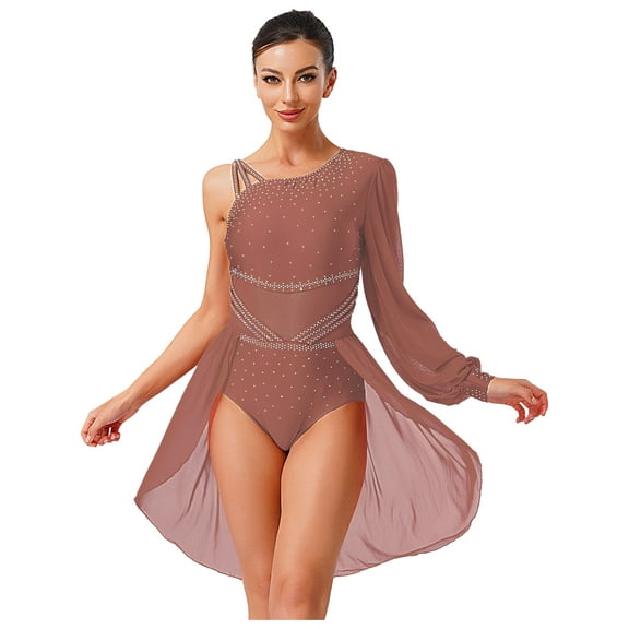 iiniim Women Lyrical Dance Dress Modern Contemporary Ballet Costume Asymmetric Shoulder Flowy Leotard Skirt Coffee XXL