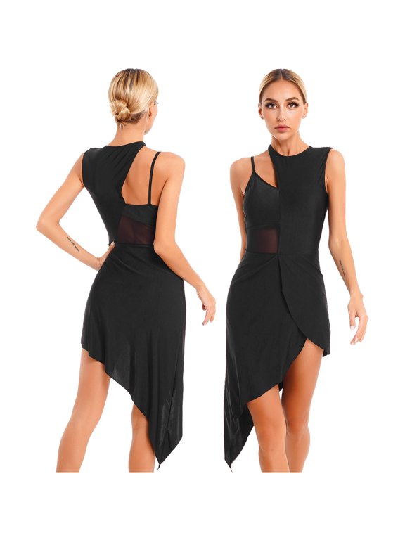 Women Lyrical Dance Dress One Shoulder Split Asymmetrical Modern Contemporary Ballroom Latin Dancewear Black XXL