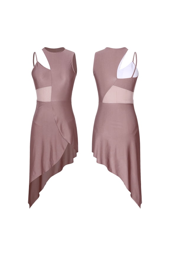 Women Lyrical Dance Dress One Shoulder Split Asymmetrical Modern Contemporary Ballroom Latin Dancewear Brown S