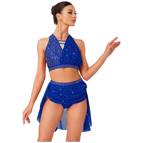 iiniim Women Lyrical Dance Dress Shiny Rhinestones Crop Top with Skirted Leotard 2-Piece Costume Royal Blue S