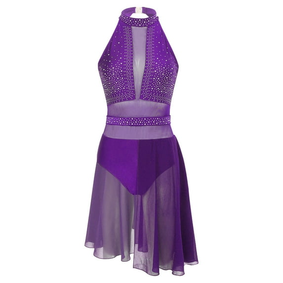 iiniim Women Lyrical Dance Halter Neck Sleeveless Tulle Flowy Leotard Dress Purple XL