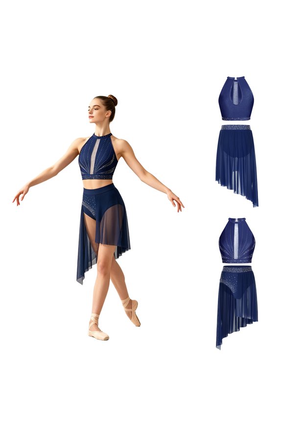 Women Lyrical Dance Mesh Top and High-low Skirt Ballroom Dancewear Navy Blue S