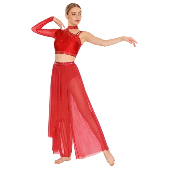 iiniim Womens Lyrical Two Pieces Ballet Dance Outfit Sequin Asymmetrical Shoulder Crop Tops with Pants Red XL