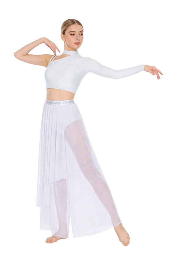 Womens Lyrical Two Pieces Ballet Dance Outfit Sequin Asymmetrical Shoulder Crop Tops with Pants White L