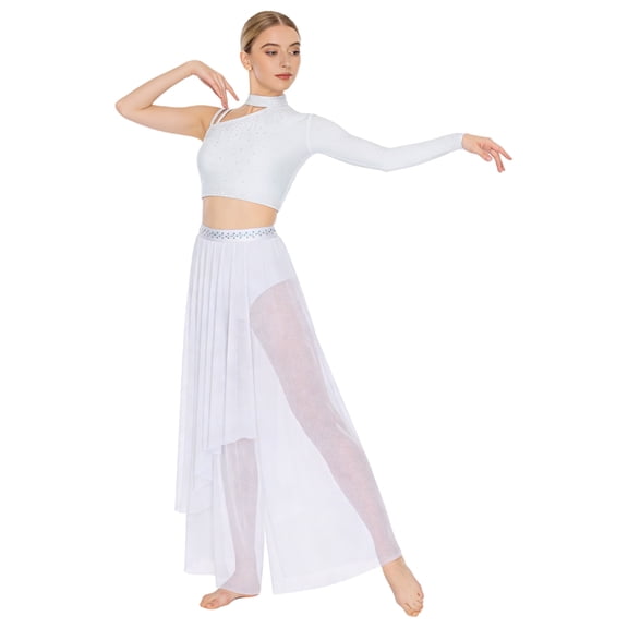 iiniim Womens Lyrical Two Pieces Ballet Dance Outfit Sequin Asymmetrical Shoulder Crop Tops with Pants White M