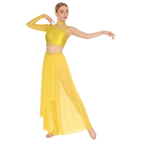iiniim Womens Lyrical Two Pieces Ballet Dance Outfit Sequin Asymmetrical Shoulder Crop Tops with Pants Yellow XL