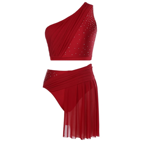 iiniim Women Lyrical Dance One Shoulder Crop Top with Mesh Skirted Briefs Modern Contemporary Burgundy M