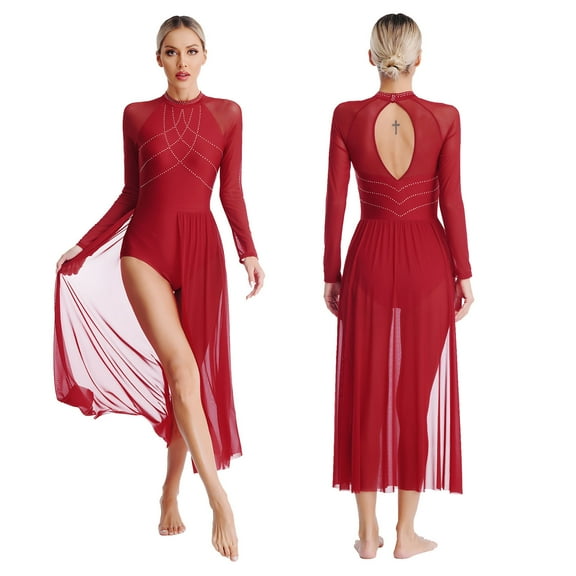 iiniim Women Lyrical Dance Rhinestones Long Sleeve Mesh Tulle Flowy Maxi Long Dress Contemporary Dancewear Burgundy M