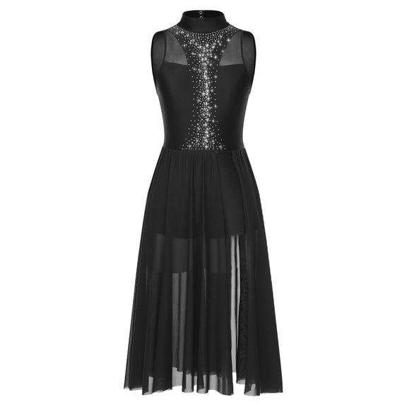 iiniim Women Lyrical Dance Shiny Sequin Contemporary Modern Flowy Balllet Leotard Dress Black L